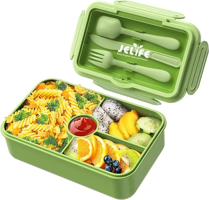 Jelife Bento Box Kids Lunch Box - Large Bento-Style Leakproof with 4 Compartments Food Storage Container with Tableware for Kids Back to School, Reusable On-the-Go Meal and Snack Packing, Green