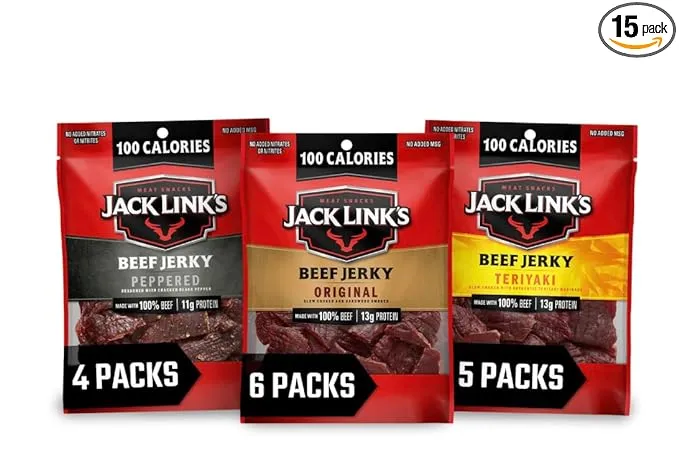 Jack Link's Beef Jerky Variety Pack - Includes Original, Teriyaki, and Peppered Beef Jerky, Great Father's Day Gifts for Dad - 96% Fat Free, No Added MSG- 1.25 Oz (Pack of 15)