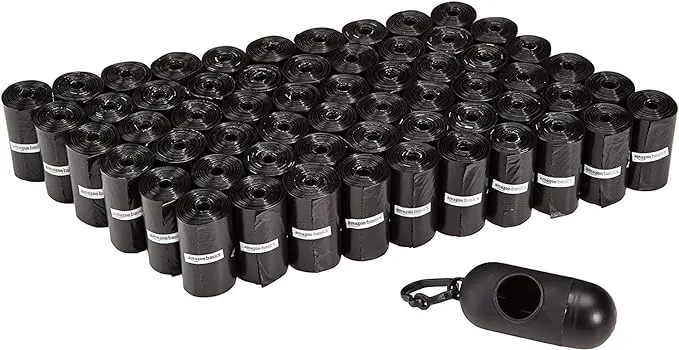 Amazon Basics Standard Dog Poop Bags with Dispenser and Leash Clip, Unscented, 900 Count, 60 Pack of 15, Black, 13 Inch x 9 Inch