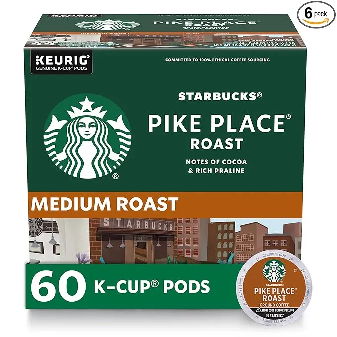 Starbucks K-Cup Coffee Pods, Medium Roast Coffee, Pike Place Roast for Keurig Brewers, 100% Arabica, 6 boxes (60 pods total)