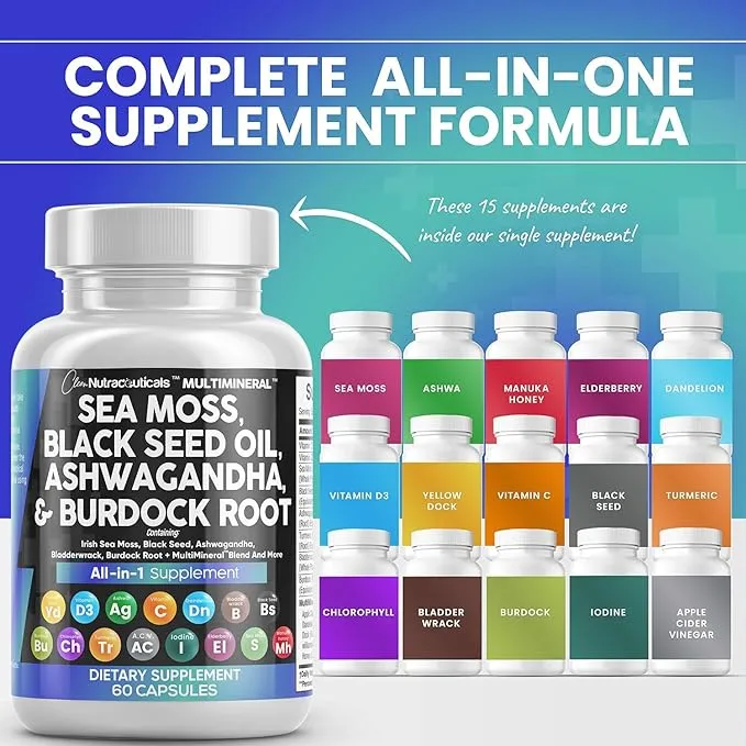 Sea Moss 3000mg Black Seed Oil 2000mg Ashwagandha 1000mg Turmeric 1000mg Bladderwrack 1000mg Burdock 1000mg & Vitamin C Vitamin D3 with Elderberry Manuka Dandelion Yellow Dock Iodine Chlorophyll ACV