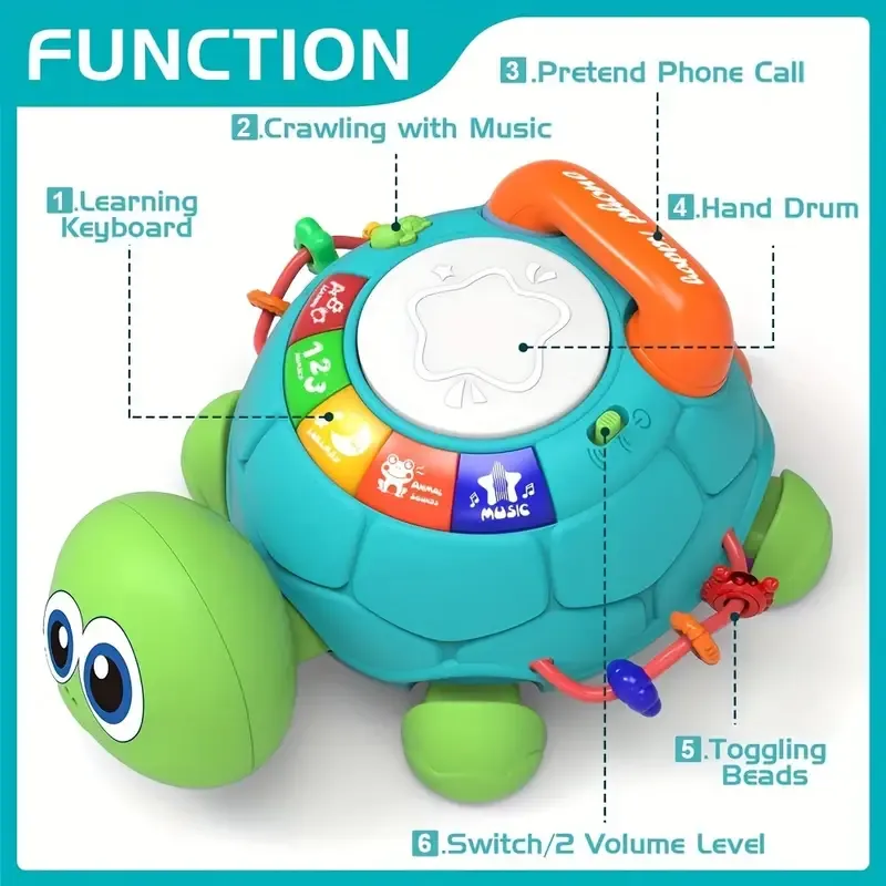 1pc Interactive Crawling Turtle Toy  Bilingual Music, Learning Keyboard & Drum 