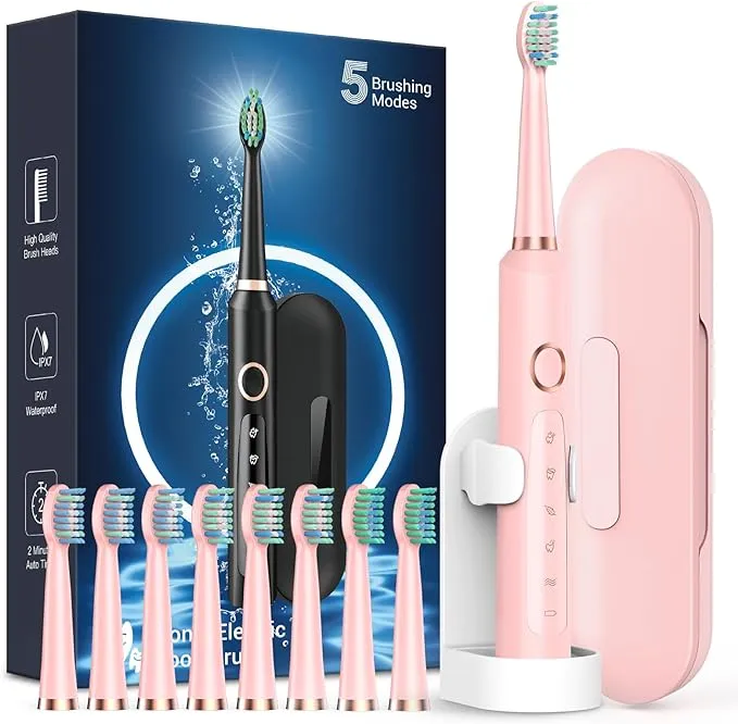 Sonic Rechargeable Electric Toothbrushes for Adults with 8 Brush Heads & Travel Case,Teeth Whitening, Power Toothbrush with Holder, 3 Hours Charge for 120 Days - Pink