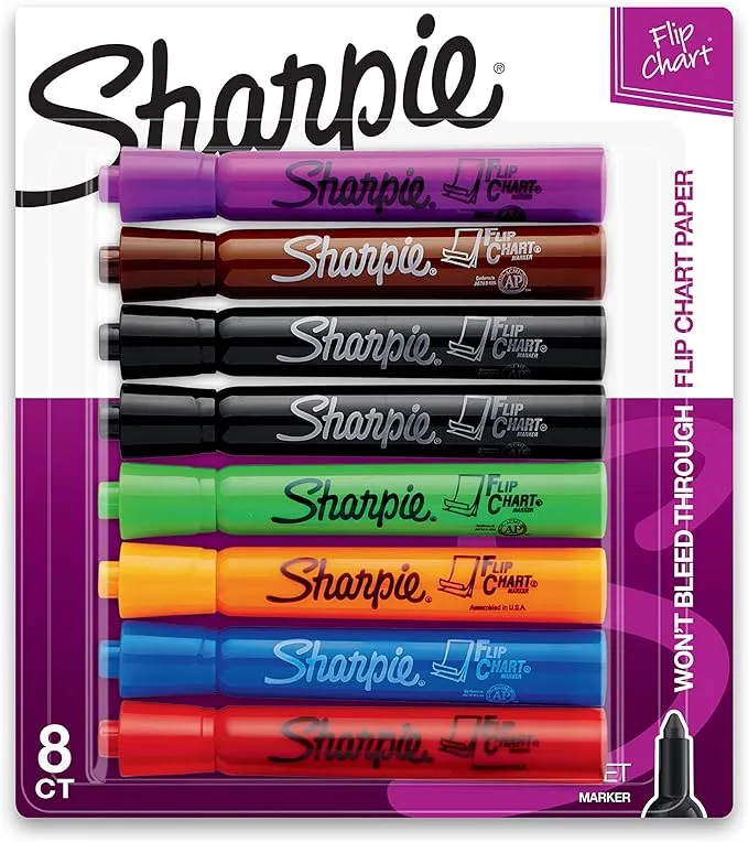 SHARPIE Flip Chart Markers, Bullet Tip Markers Set, No Bleed Markers For Flip Chart Paper, High Visibility Poster Board Markers, Assorted Colors, 8 Pack