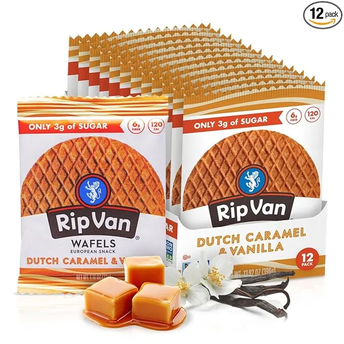 Rip Van WAFELS Dutch Caramel & Vanilla Stroopwafels, Healthy Non GMO, Low Calorie / Sugar Office Snacks, Keto Friendly, (3g), 12 Count (Packaging May Vary)