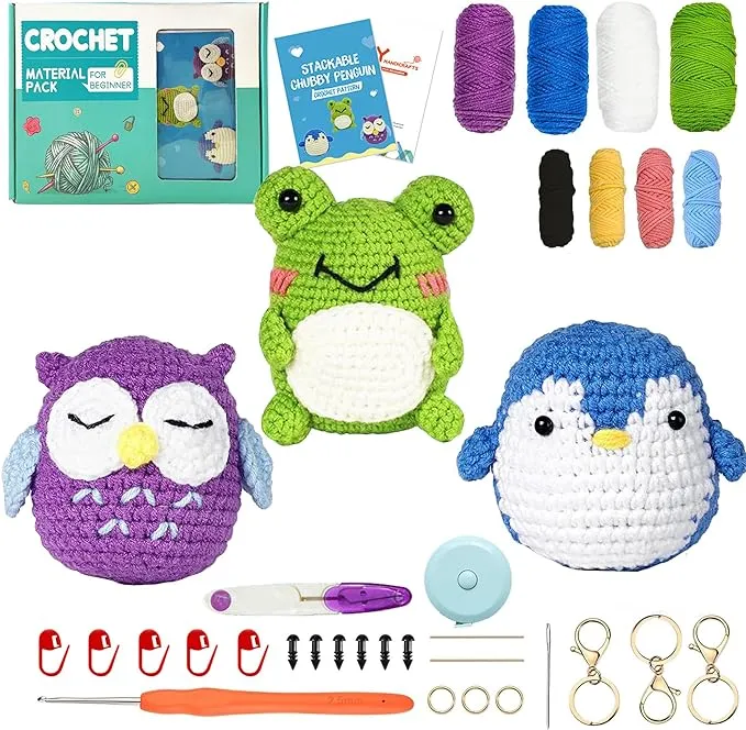 XIPEGPA Crochet Kits for Beginners Crochet Gifts Crochet Animal Kit Owls Frogs Penguins for Adult Starters Kids with Enough Yarns Hook Accessories