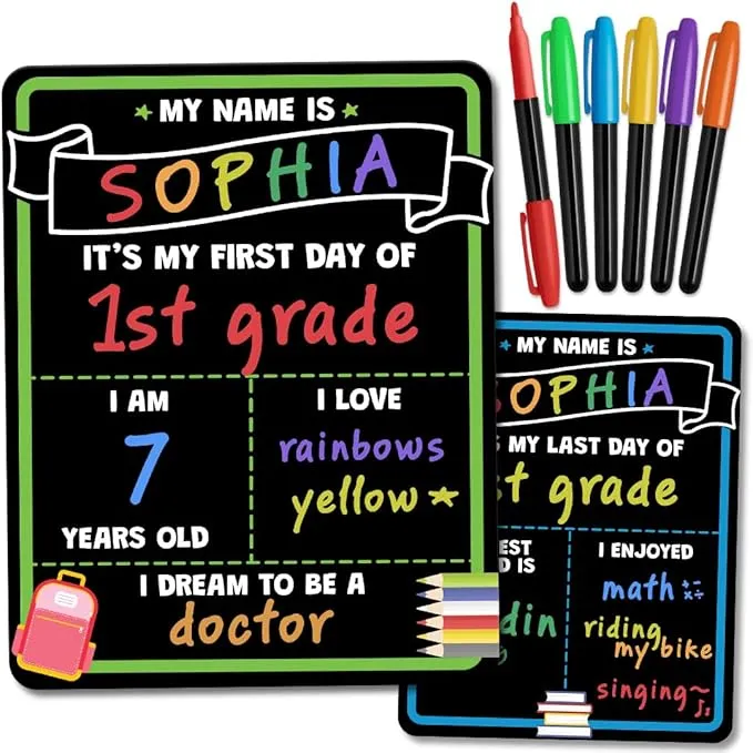 First Day of School Sign - First Day of School Board - 14” X 11” Double-Sided & Reusable - Back to School Sign - Chalkboard for Kids - First Day Of Kindergarten Preschool 1st Grade School Supplies