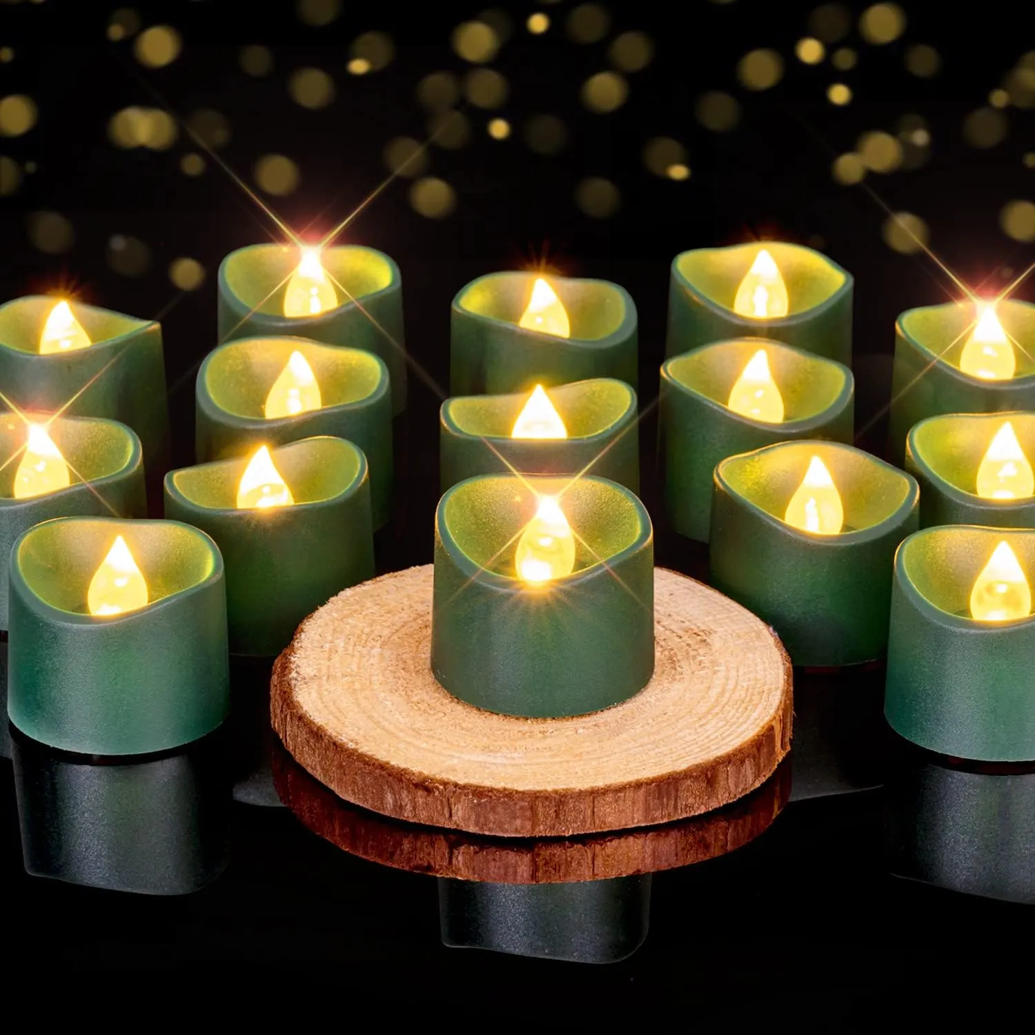 Homemory Green Tea Lights Candles Battery Operated, 200+Hour Flameless Flickering Fake Electric LED Colored Tealights Candles for Christmas, Theme Party, Seasonal Celebrations, 12-Pack