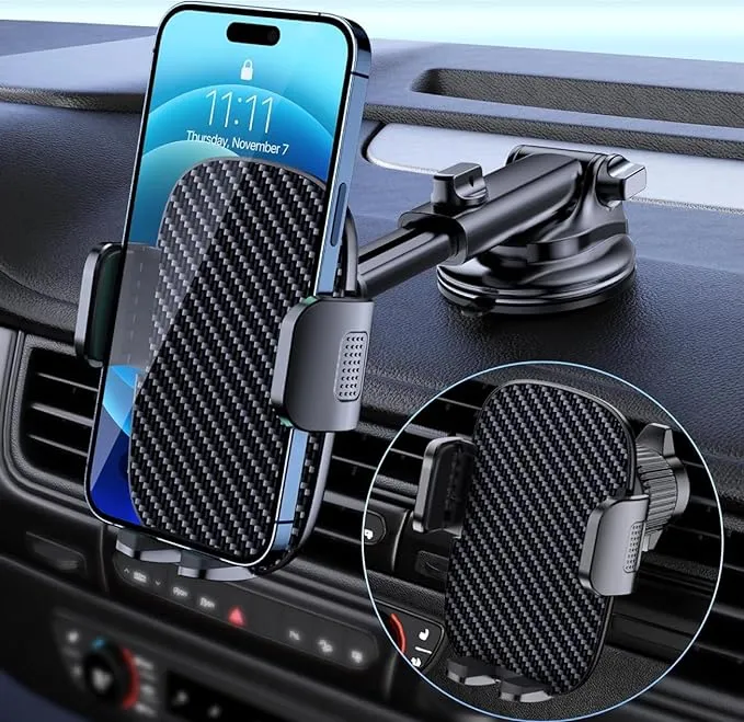 Qifutan Car Phone Holder Mount Phone Mount for Car Windshield Dashboard Air Vent Universal Hands Free Automobile Cell Phone Holder Fit for iPhone Smartphone Carbon Fiber