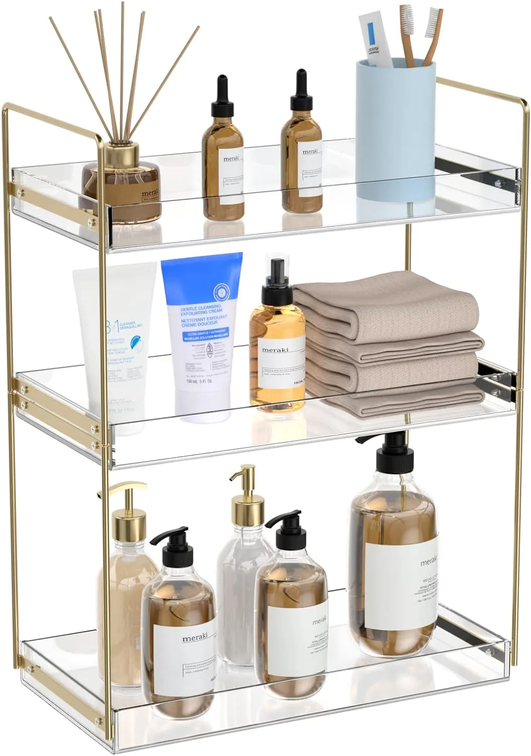 Bathroom Countertop Organizer, 3 Tier Acrylic Tray Vanity Counter Skincare Organizer Shelf, Kitchen Under Sink Standing Rack, Home Storage Holder for Lotion Makeup Cosmetics Perfume Spice, Gold