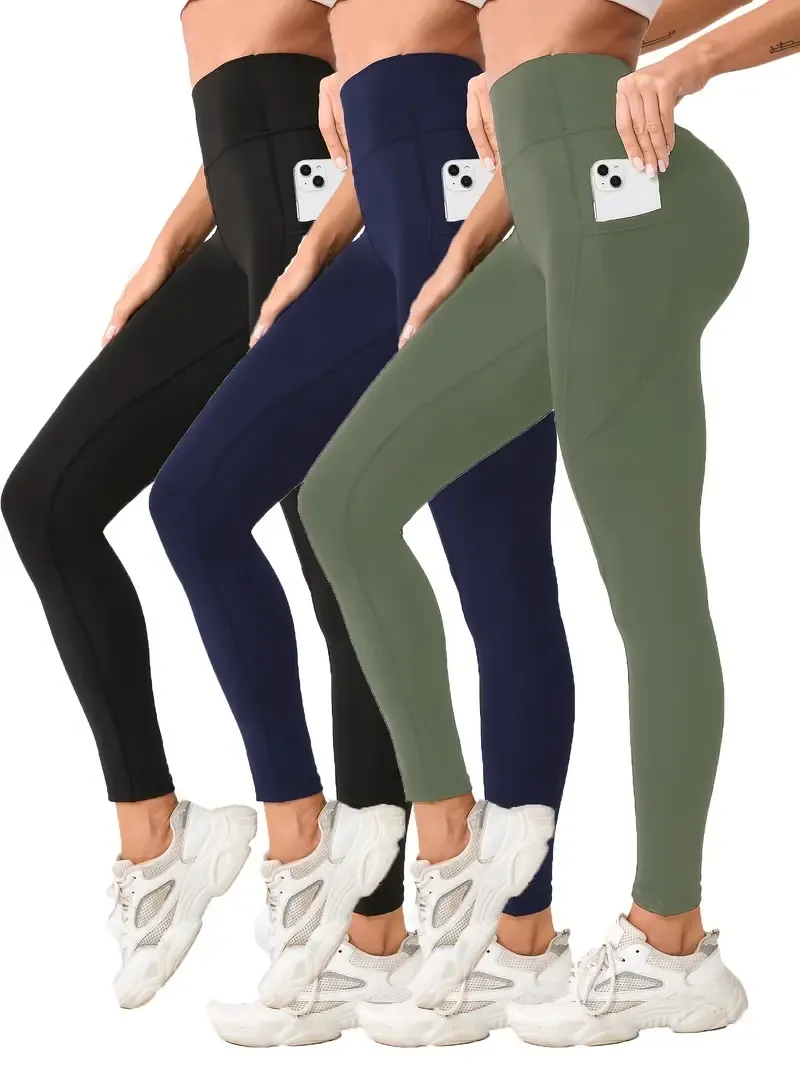 3-Pack High-Waisted Yoga Leggings with Pockets and Tummy Control