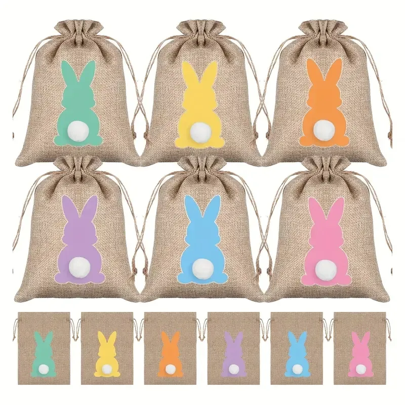 6pcs, Easter Imitation Linen Drawstring Bags, Colorful Rabbit Pattern Gift Packaging Bags